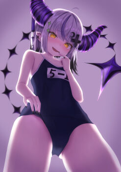 Rule 34 | 1girl, absurdres, ahoge, bare shoulders, black horns, black nails, blush, collarbone, commentary request, demon girl, demon horns, ear piercing, from below, highres, hololive, horns, la+ darknesss, long hair, multicolored horns, nail polish, official alternate hairstyle, open mouth, piercing, purple hair, purple horns, ramuneru, school swimsuit, solo, striped horns, swimsuit, tail, teeth, virtual youtuber, white hair, yellow eyes