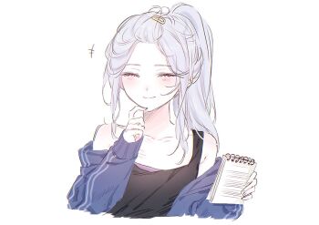 Rule 34 | 1girl, alternate hairstyle, armpit crease, bangs pinned back, black tank top, blue jacket, blush, closed eyes, closed mouth, collarbone, commentary request, cropped torso, facing viewer, finger to own chin, hair ornament, hairclip, hand on own chin, hands up, holding, holding notepad, jacket, komeng 64, korean commentary, long hair, long sleeves, notepad, off shoulder, open clothes, open jacket, ponytail, project sekai, purple shirt, shirt, sidelocks, simple background, smile, solo, tank top, track jacket, upper body, white background, white hair, yoisaki kanade