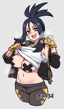 1girl :d afterimage black_hair blush breasts bright_pupils brown_eyes clothes_lift commentary covered_erect_nipples cross cross_pasties cross_scar dendra_(pokemon) eyelashes gigobyte350 highres jacket looking_at_viewer navel nintendo no_bra open_clothes open_jacket open_mouth pants pasties pokemon pokemon_sv scar scar_on_face scar_on_forehead shirt shirt_lift sidelocks smile solo sweat teeth upper_teeth_only white_pupils white_shirt