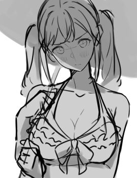 1girl absurdres bang_dream! bikini breasts closed_mouth commentary greyscale highres holding holding_umbrella ichigaya_arisa kanade_(kanade_3344) large_breasts looking_at_viewer monochrome simple_background solo swimsuit twintails umbrella upper_body white_background