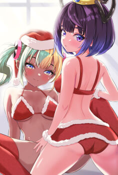 2girls arched_back bikini blue_eyes blush canari_(pokemon) christmas closed_mouth collarbone commentary_request fur-trimmed_bikini fur_trim fur_wristbands gwynn_(pokemon) hat looking_at_viewer looking_back multicolored_hair multiple_girls navi-loxia nintendo pokemon pokemon_legends:_z-a purple_eyes red_bikini red_hat red_thighhighs santa_hat smile spread_legs swimsuit thighhighs twintails