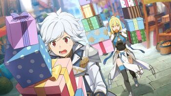 1boy 1girl aiz_wallenstein anime_coloring armor armored_shoes bell_cranel black_dress black_gloves black_thighhighs blonde_hair blue_bow blue_jacket bow box box_stack breasts capelet cleavage cropped_jacket danmachi_battle_chronicle dress dungeon_ni_deai_wo_motomeru_no_wa_machigatteiru_darou_ka faulds food_in_mouth game_cg gift gift_box gloves hair_bow high_ponytail highres holding holding_gift jacket long_hair medium_breasts non-web_source official_alternate_costume official_art open_mouth pauldrons pelvic_curtain ponytail red_eyes short_hair shoulder_armor single_pauldron sweatdrop thighhighs waist_cape walking white_capelet white_hair white_jacket yellow_eyes