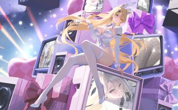 1girl absurdres animal_ear_fluff animal_ears arm_strap blonde_hair blush box breasts card character_request cleavage commentary_request fake_animal_ears fake_tail floating_hair gift gift_box green_eyes hair_between_eyes hand_up head_tilt heart high_heels highres holding holding_card indie_virtual_youtuber large_breasts legs leotard long_hair long_sleeves looking_at_viewer parted_bangs parted_lips playboy_bunny playing_card queen_(playing_card) rabbit_ears rabbit_tail raidriar_18 ribbon shrug_(clothing) sitting six_of_hearts sleeve_cuffs solo speaker stage tail television thighhighs thighs very_long_hair virtual_youtuber white_leotard white_shrug white_thighhighs