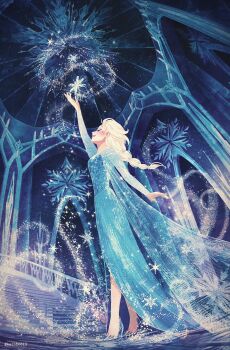 1girl arm_up blonde_hair blue_dress blush braid braided_ponytail closed_eyes commentary dress elsa_(frozen) english_commentary frozen_(disney) high_heels highres indoors kurobe_(kurobe613) long_dress long_sleeves looking_up magical_girl queen snowflakes solo