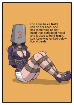 1girl arms_behind_back bdsm black_hair bondage bound breasts bucket bucket_on_head cleavage dc_comics dcau female_focus full_body highres legs legs_tied lois_lane object_on_head simple_background skirt struggling stuck superman_(series) yellow_eyes