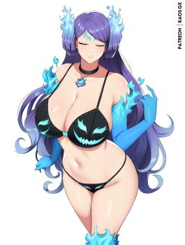 1girl alternate_breast_size_(larger) artist_name bikini black_bikini black_choker blue_sleeves breasts brighid_(xenoblade) choker cleavage closed_eyes closed_mouth commentary detached_sleeves fiery_hair floating_hair groin halloween huge_breasts kaos_art long_hair loose_hair_strand navel patreon_username pink_lips purple_hair simple_background smile solo standing swimsuit very_long_hair white_background xenoblade_chronicles_(series) xenoblade_chronicles_2