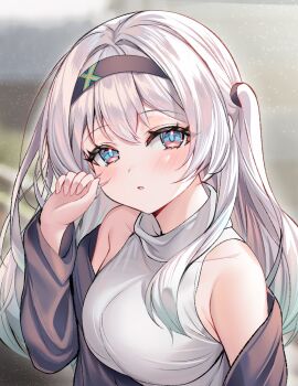 1girl aqua_eyes black_hairband black_jacket blush breasts collarbone commentary_request devl_ga_aru firefly_(honkai:_star_rail) gradient_hair green_hair grey_hair hair_between_eyes hair_intakes hairband highres honkai:_star_rail honkai_(series) jacket long_sleeves looking_at_viewer medium_breasts multicolored_hair open_mouth shirt sleeveless sleeveless_shirt solo white_shirt