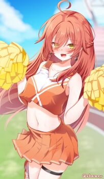 1girl :d ahoge baram bare_arms bare_shoulders blue_sky blurry blurry_background blush braid breasts cheerleader cloud collarbone commentary_request day depth_of_field earrings grass hair_over_one_eye hands_up jewelry long_hair medium_breasts navel nijisanji nose_blush open_mouth orange_skirt outdoors pleated_skirt pom_pom_(cheerleading) red_hair red_shoes shishido_akari shoes skindentation skirt sky smile solo standing standing_on_one_leg thigh_strap twitter_username very_long_hair virtual_youtuber yellow_eyes