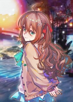 1girl ahoge aqua_bow aqua_bowtie badge blue_eyes blue_skirt blurry bow bowtie brown_hair button_badge cardigan closed_mouth commentary cowboy_shot depth_of_field dolo_res04xh english_commentary from_behind hair_between_eyes hair_ornament hair_ribbon heart heart_hair_ornament highres long_hair long_sleeves looking_at_viewer looking_to_the_side neuro-sama outdoors pleated_skirt red_ribbon ribbon shirt skirt smile solo two_side_up vedal_ai virtual_youtuber white_shirt yellow_cardigan