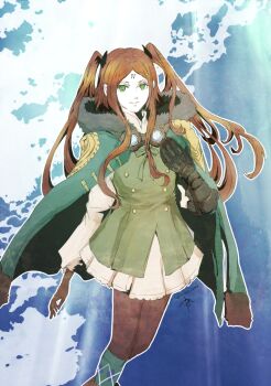 1girl brown_hair buttons closed_mouth coat coat_on_shoulders drag-on_dragoon drag-on_dragoon_3 dress facial_mark forehead_mark four_(drag-on_dragoon) gauntlets goggles goggles_around_neck green_eyes green_vest long_hair long_sleeves pantyhose parted_bangs purple_pantyhose roman_numeral ruka_(blueplus84) single_gauntlet smile solo twintails twitter_username vest white_dress