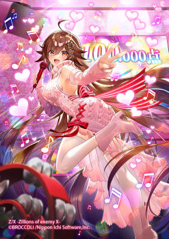1girl ahoge ankle_boots armpits bare_shoulders beamed_eighth_notes beamed_sixteenth_notes boots breasts brown_eyes brown_hair copyright_notice detached_sleeves eighth_note from_below hair_ornament heart holding holding_microphone indoors instrument karaoke karaoke_box large_breasts long_hair looking_back microphone musical_note official_art pink_boots pink_nails pink_sweater prism_(z/x) ribbed_sweater solo sparkle spinel_(9057) standing standing_on_one_leg star_(symbol) star_hair_ornament sweater tambourine television thighhighs turtleneck turtleneck_sweater v very_long_hair white_thighhighs z/x