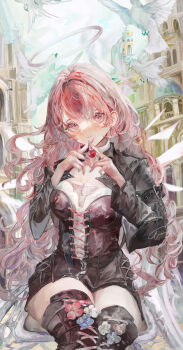 1girl absurdres architecture arknights arms_up bird boots breasts cherry corset cropped_jacket cross-laced_clothes detached_wings dove energy_wings feet_out_of_frame flower food fruit halo head_tilt highres lace-up_boots lemuen_(arknights) long_hair long_sleeves looking_at_viewer medium_breasts pink_eyes pink_hair signature sitting smile solo thick_thighs thigh_boots thighhighs thighs traditional_halo vea_(v_ea_) very_long_hair wheelchair white_halo wide_hips wings zettai_ryouiki