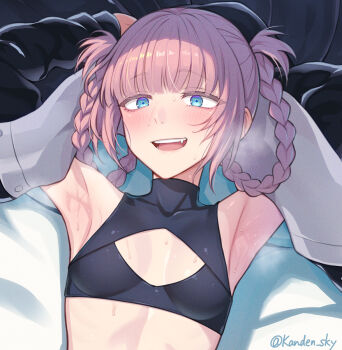 1girl armpits arms_behind_head artist_name black_jacket blue_eyes braid braided_hair_rings breasts cleavage_cutout clothing_cutout commentary_request crop_top fang hair_rings highres jacket kanden_sky nanakusa_nazuna_(yofukashi_no_uta) open_clothes open_jacket open_mouth paid_reward_available pink_hair ringed_eyes sleeveless small_breasts smile solo sweat teeth upper_body upper_teeth_only yofukashi_no_uta