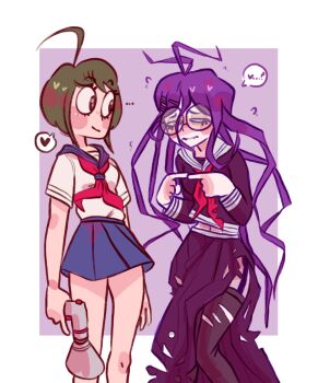 ... 2girls ahoge antenna_hair black_thighhighs blue_sailor_collar blue_skirt blush closed_mouth collared_shirt danganronpa_(series) danganronpa_another_episode:_ultra_despair_girls eyelashes flying_sweatdrops fukawa_toko glasses green_hair hair_between_eyes heart highres holding holding_megaphone index_fingers_together long_hair long_skirt long_sleeves megaphone messy_hair multiple_girls naegi_komaru navel neckerchief purple_hair purple_serafuku purple_shirt purple_skirt red_neckerchief round_eyewear sailor_collar school_uniform serafuku shirt short_hair short_sleeves simple_background skirt smile speech_bubble spoken_heart thighhighs third-party_source torn_clothes torn_skirt torn_thighhighs vegetass wavy_mouth white_sailor_collar white_shirt yuri