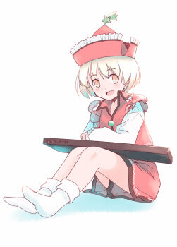 1girl :d blonde_hair blush collared_vest commentary_request frilled_hat frilled_vest_collar frills full_body hat holding holding_instrument instrument keyboard_(instrument) knees long_sleeves lyrica_prismriver one-hour_drawing_challenge open_mouth orange_eyes rangycrow red_hat red_shorts red_vest shadow shirt shooting_star_hat_ornament shorts sitting smile socks solo touhou vest white_background white_shirt white_socks