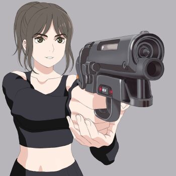 1girl aiming ana_de_armas animification blade_runner_(series) blade_runner_2049 brown_eyes brown_hair commentary_request cyberpunk female_focus graphite_(medium) gun handgun highres joi pkd_blaster science_fiction solo traditional_media weapon