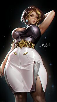 Rule 34 | 1girl, absurdres, arm behind head, armpits, black background, black shirt, blonde hair, breasts, brown hair, cleavage, domina (overwatch), earrings, fishnet pantyhose, fishnets, highres, jewelry, large breasts, moonlen-jack, multicolored hair, overwatch, pantyhose, shirt, simple background, skirt, solo, two-tone hair, white skirt