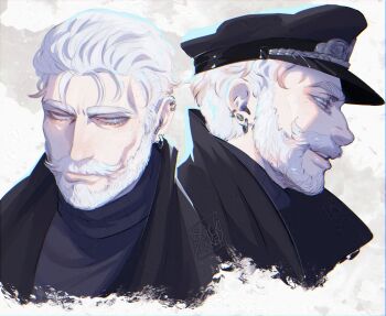 1boy beard blackberreh-art blue_eyes commentary ear_piercing earrings english_commentary eyelashes facial_hair hat highres hoop_earrings jewelry male_focus mustache old old_man pale_skin peter_lukas piercing popped_collar short_hair smile sweater the_magnus_archives turtleneck turtleneck_sweater upper_body white_hair wrinkled_skin