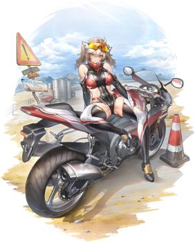 Rule 34 | 1girl, artist request, black boots, boots, breasts, brown eyes, character request, closed mouth, cloud, daiblos core, drum (container), eyewear on head, grey hair, hand on own thigh, highres, motor vehicle, motorcycle, multicolored boots, official art, on motorcycle, road sign, shadow, sign, sky, solo, thigh boots, torn clothes, traffic cone, twintails, unused tire, yellow nails, zipper, zipper pull tab