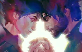 2boys absurdres arcane:_league_of_legends arcane_jayce beard black_hair black_shirt closed_eyes doufu_fu face-to-face facial_hair highres holding_hands jayce_(league_of_legends) league_of_legends male_focus mole mole_on_cheek multiple_boys open_mouth shirt short_hair smile teeth viktor_(arcane) viktor_(league_of_legends)