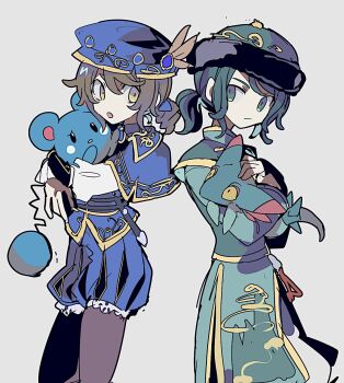 2boys :o androgynous beret black_hair black_pantyhose blue_capelet blue_hat brown_hair capelet chinese_clothes commentary creature crossover dreepy drill_hair drill_ponytail dual_persona edgar_valden edgar_valden_(censer) edgar_valden_(runaway) gen_2_pokemon gen_8_pokemon green_eyes green_hat hat highres holding holding_creature identity_v male_focus marill mdr_31 multiple_boys nintendo no_nose official_alternate_costume pantyhose pokemon pokemon_(creature) ponytail puff_and_slash_shorts puffy_shorts short_ponytail shorts symbol-only_commentary yellow_eyes yellow_trim