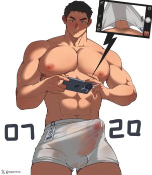 1boy abs absurdres bara black_hair blush bulge covered_testicles cowboy_shot erection erection_under_clothes highres holding holding_phone large_pectorals looking_down male_focus male_pubic_hair male_underwear muscular muscular_male original otennoo pectorals phone precum precum_through_clothes price_tag pubic_hair screen see-through_clothes short_hair simple_background solo topless_male underwear white_background white_male_underwear
