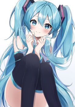 Rule 34 | 1girl, bare shoulders, black sleeves, black thighhighs, blue eyes, blue hair, blush, closed mouth, collared shirt, commentary, commentary request, convenient leg, detached sleeves, dot nose, feet out of frame, frilled shirt, frills, hair between eyes, hair ornament, hatsune miku, head tilt, highres, holding, holding own hair, knees together feet apart, long hair, long sleeves, looking at viewer, noneon319, own hands together, parted lips, raised eyebrows, revision, shirt, simple background, sitting, sleeveless, sleeveless shirt, smile, solo, symbol-only commentary, thighhighs, thighs, twintails, very long hair, vocaloid, white background, white shirt