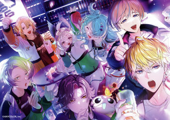 2girls 5boys :d :o ahoge bar_(place) black_hair blonde_hair blue_eyes blue_hair blush brown_hair claude_clawmark closed_eyes drink elira_pendora enna_alouette finger_to_own_chin head_wings high_five holding holding_drink jersey long_hair looking_at_viewer luca_kaneshiro mole mole_under_eye multicolored_hair multiple_boys multiple_girls nijisanji nijisanji_en official_art open_mouth pointing pointing_at_viewer purple_eyes raised_fist scar scar_across_eye scar_on_face seible_(nijisanji) short_hair short_side_ponytail shorts sleeves_past_wrists smile sonny_brisko sparkle streaked_hair tsuchi_(vezalius_bandage) vezalius_bandage virtual_youtuber wings yellow_eyes