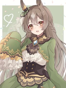 1girl aisu_kuriimu animal_ears ascot blush bow braid breasts brown_ascot brown_eyes brown_hair commentary_request doqute_stuffed_doll double-parted_bangs ear_ornament ear_ribbon hair_between_eyes half_up_braid half_updo highres horse_ears horse_girl horse_tail large_breasts long_hair long_sleeves looking_at_viewer multicolored_hair open_mouth satono_diamond_(natural_brilliance)_(umamusume) satono_diamond_(umamusume) sleeves_past_fingers sleeves_past_wrists smile solo streaked_hair tail umamusume very_long_hair