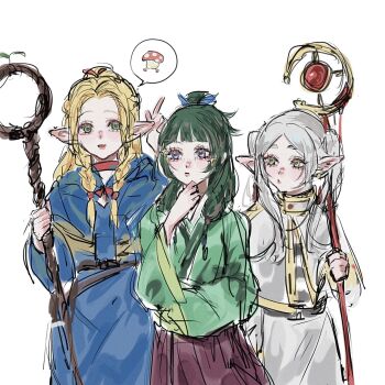 3girls beads blonde_hair blue_capelet blue_eyes blue_ribbon blue_robe blunt_bangs braid capelet chinese_clothes choker cowboy_shot dungeon_meshi earrings elf freckles frieren gold_trim green_eyes green_hair green_shirt grey_hair hair_beads hair_ornament hair_ribbon hand_on_own_chin highres holding holding_staff jewelry kusuriya_no_hitorigoto leigh_113n maomao_(kusuriya_no_hitorigoto) marcille_donato multiple_girls mushroom parted_bangs parted_lips pointy_ears purple_skirt red_choker red_ribbon ribbon robe shirt sidelocks sketch skirt sousou_no_frieren spoken_character staff striped_clothes striped_shirt twin_braids twintails white_background white_capelet white_skirt