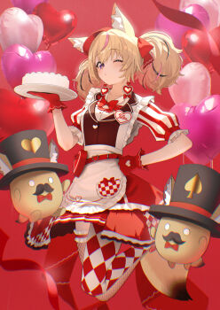 1girl animal_ear_fluff animal_ears ankle_bow ankle_ribbon apron argyle_clothes argyle_dress argyle_pantyhose asymmetrical_legwear balloon belt belt_around_waist black_hair blonde_hair blunt_bangs bow bowtie cake collared_shirt commentary_request dress earrings fennec_fox fishnet_thighhighs fishnets floating food fox_ears fox_girl fox_tail frilled_dress frills full_body gloves hair_bow hair_bun hand_on_own_hip hands_up hat heart heart_balloon heart_earrings heart_pouch highres holding holding_tray hololive jewelry katuko_deluxe knees_up lapels layered_dress layered_skirt looking_at_viewer maid medium_hair mismatched_legwear multicolored_hair notched_lapels official_alternate_costume official_alternate_hairstyle omaru_polka omaru_polka_(waitress) one_eye_closed pantyhose parted_lips pink_hair pleated_dress puffy_short_sleeves puffy_sleeves purple_eyes red_background red_bow red_bowtie red_gloves red_hat ribbon shirt shoes short_sleeves skirt solo streaked_hair tail thighhighs tilted_headwear traditional_bowtie tray twintails two-tone_dress uneven_legwear vertical-striped_sleeves vest virtual_youtuber waist_apron waitress white_apron white_shirt zain_(omaru_polka)