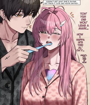 1boy 1girl 2na_(blue2na) absurdres adoptive_parent_and_adoptive_child aemeath_(wuthering_waves) ahoge alternate_costume bite_mark bite_mark_on_hand bite_mark_on_neck black_hair black_shirt blush breasts brushing_another's_teeth closed_mouth collarbone english_text father_and_child father_and_daughter hair_ornament hickey highres inseki long_hair looking_at_another male_rover_(wuthering_waves) medium_breasts one_eye_closed open_mouth parent_and_child pink_hair pink_shirt revision rover_(wuthering_waves) shirt sleepy smile tacet_mark_(wuthering_waves) upper_body wuthering_waves yellow_eyes