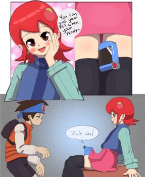 1boy 1girl between_thighs blush brown_eyes brown_hair hair_ornament lan_hikari_(mega_man) mayl_sakurai_(mega_man) mega_man_(series) mega_man_battle_network_(series) multiple_views red_hair rommi shirt shorts skirt smile speech_bubble teasing thighhighs thighs tongue tongue_out
