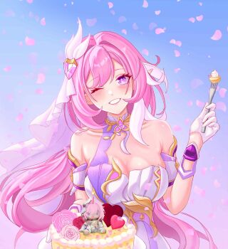 1girl ;) bare_shoulders blue_sky breasts bumblebeelin_ng cake cleavage commentary corset diamond-shaped_pupils diamond_(shape) elf elysia_(herrscher_of_human:_ego)_(honkai_impact) elysia_(honkai_impact) falling_petals food fork gloves highres holding holding_fork honkai_(series) honkai_impact_3rd large_breasts long_hair looking_at_viewer multicolored_hair one_eye_closed petals pink_hair pink_petals pointy_ears purple_eyes sky smile solo symbol-shaped_pupils triquetra two-tone_hair veil very_long_hair white_corset white_gloves white_hair white_veil