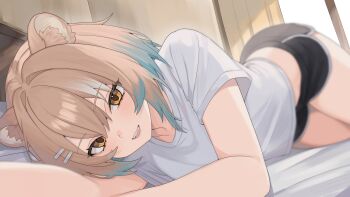 1girl absurdres animal_ears black_shorts blue_hair blurry brown_hair commentary depth_of_field dolphin_shorts english_commentary hazumi_aileen highres indie_virtual_youtuber indoors lion_ears looking_at_viewer loungewear lying medium_hair midriff mugripley multicolored_hair on_stomach open_mouth orange_eyes shirt short_shorts short_sleeves shorts smile solo two-tone_hair virtual_youtuber white_shirt