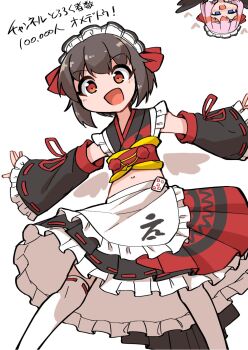 Rule 34 | 1boy, 1girl, apron, ayumu (fun bo), blue eyes, blush, brown hair, commentary request, cosplay, crossdressing, crossdressing (mtf), detached sleeves, fang, foot out of frame, frilled hairband, frilled skirt, frilled sleeves, frills, fun bo, hairband, heart, highres, indie virtual youtuber, japanese clothes, mahjong, mahjong tile, maid, male focus, midriff, navel, obi, open mouth, original, outstretched arms, overskirt, pink hair, ribbon-trimmed skirt, ribbon-trimmed sleeves, ribbon-trimmed thighhighs, ribbon trim, sash, senba kurono, senba kurono (cosplay), short hair, simple background, skirt, smile, solo focus, spread arms, thighhighs, upside-down, waist apron, white background, white thighhighs, wings