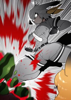 2girls absurdres belt bird_tail bird_wings black_belt black_gloves black_hair bodystocking breasts clenched_hands commentary dc_(makezzal) emphasis_lines feathered_wings fingerless_gloves food fruit gloves grey_bodystocking grey_hair grey_shirt grey_shorts hair_between_eyes head_wings highres kemono_friends large_breasts long_hair multicolored_hair multiple_girls necktie orange_hair pocket serval_(kemono_friends) shirt shoebill_(kemono_friends) shorts sidelocks suikawari surprised symbol-only_commentary tail thick_thighs thighs tight_clothes tight_shirt tsurime watermelon white_necktie wide-eyed wings