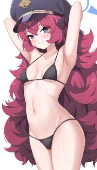 1girl absurdres alternate_costume armpits arms_behind_head arms_up bikini black_bikini blue_archive blue_halo blush breasts enru fluffy_hair grey_eyes hair_between_eyes halo hat highres iroha_(blue_archive) long_hair navel peaked_cap red_hair small_breasts smile solo sweat swimsuit very_long_hair