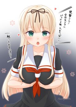 1girl black_shirt black_skirt blonde_hair blunt_bangs breasts commentary_request gradient_background green_eyes grey_background highres kantai_collection long_hair medium_breasts naviyu_elin neckerchief pleated_skirt red_neckerchief sailor_collar shirt skirt solo translation_request upper_body white_background white_sailor_collar yuudachi_(kancolle)