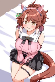 1girl absurdres ahoge animal_ears black_skirt blush breasts brown_hair closed_mouth commentary dantsu_flame_(umamusume) detached_sleeves ear_covers from_above highres horse_ears horse_girl horse_tail jirai_kei large_breasts looking_at_viewer multicolored_hair pink_shirt pink_sleeves renny_(seraphyfether) shirt short_hair skirt smile solo tail thigh_strap two-tone_hair umamusume white_hair yellow_eyes