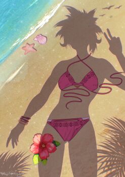 1girl absurdres arm_up artist_logo au_ra beach bikini bird bracelet commentary dressed_shadow_(meme) english_commentary final_fantasy final_fantasy_xiv flower gluteal_fold highres jewelry logo medium_hair meme ravensoulmate seagull shell shore starfish swimsuit unworn_bikini v warrior_of_light_(ff14) water waves