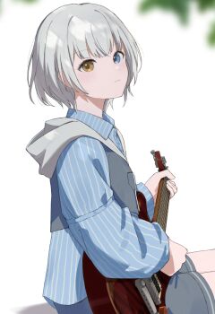 Rule 34 | 1girl, :3, absurdres, bang dream!, bang dream! it's mygo!!!!!, blue eyes, blue shirt, commentary, electric guitar, guitar, heterochromia, highres, holding, holding guitar, holding instrument, instrument, kaname raana, merlin (mer71n), shirt, short hair, simple background, solo, white background, white hair, yellow eyes