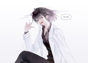 1girl black_eyes black_hair black_shirt bob_cut cigarette coat collared_shirt english_text feet_out_of_frame goo_g000 hair_flowing_over han_sooyoung head_tilt highres holding holding_cigarette looking_at_viewer omniscient_reader&#039;s_viewpoint open_clothes open_coat popped_collar shirt short_hair smile smoke smoke_trail solo speech_bubble white_coat