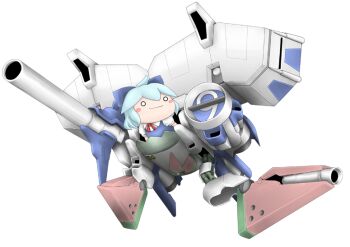 1girl bad_id bad_pixiv_id chibi circled_9 cirno dendrobium_schema female_focus food fruit gundam gundam_0083 mecha mecha_musume o_o parody robot shishigami_(sunagimo) simple_background solo touhou watermelon white_background