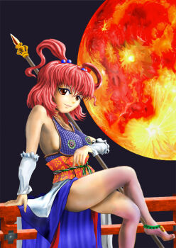 1girl alternate_costume anklet arm_warmers bare_shoulders blue_dress breasts bridge commentary_request dress hair_bobbles hair_ornament holding holding_polearm holding_weapon jewelry kams large_breasts legs looking_at_viewer moon obi onozuka_komachi polearm red_eyes red_hair red_moon sash short_hair sideboob sitting smile thighs touhou twintails weapon wooden_bridge