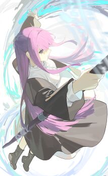 1girl black_boots black_coat boots chinese_commentary closed_mouth coat commentary_request dress fern_(sousou_no_frieren) half_updo highres holding holding_staff long_hair looking_at_viewer mikann_(clm_mikan) partially_shaded_face purple_eyes purple_hair solo sousou_no_frieren staff white_dress