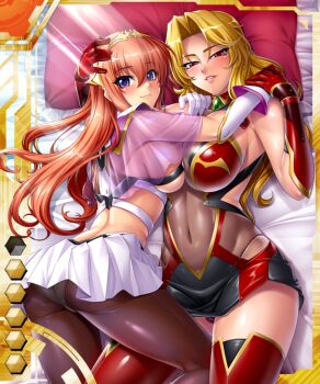 Rule 34 | 2girls, alicia viewstream, ass, bed, black legwear, blonde hair, blush, breast press, breasts, card (medium), card (orange-ur), card (ur), curvy, female focus, gloves, hair ornament, happy, hug, jewelry, kagami hirotaka, kangoku senkan, kangoku senkan 2, large breasts, lilith-soft, looking at viewer, looking back, lying, maya cordelia, multiple girls, no bra, on bed, orange hair, pantyhose, princess, purple eyes, red eyes, see-through clothes, shiny clothes, sideboob, skin tight, skirt, smile, sweat, taimanin (series), taimanin asagi battle arena all card gallery, taimanin asagi kessen arena, thighs, thong, tiara