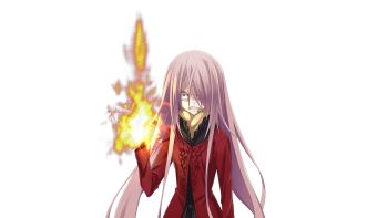 Rule 34 | 1girl, angry, black dress, blue eyes, burn scar, chaos;child, clenched teeth, constricted pupils, crazy eyes, dress, face veins, fire, frilled dress, frilled jacket, frills, furious, game cg, haida riko, hair over one eye, hand up, highres, jacket, long hair, looking at viewer, matsuo yukihiro, messy hair, non-web source, official art, pink hair, pyrokinesis, red jacket, scar, scar on face, scarf, science adventure, solo, sprite, teeth, transparent background, very long hair, wide-eyed, yellow scarf