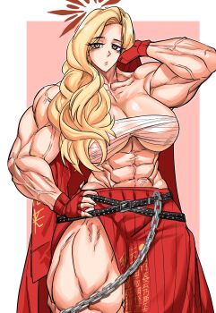 1girl akemi_(blue_archive) arm_up armpits bare_shoulders blonde_hair blue_archive breasts chain chest_sarashi cleavage female_focus fingerless_gloves gloves halo hand_on_own_hip highres large_breasts long_hair looking_at_viewer mole mole_under_eye muscular muscular_female sarashi simple_background solo thick_thighs thighs uki_bill4744 underboob veins veiny_arms