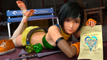 1girl 3d absurdres bandeau black_hair blurry blurry_background breasts detached_sleeves feet feet_up final_fantasy final_fantasy_vii fingerless_gloves fishnet_sleeves fishnets full_body gloves hair_between_eyes hand_up headband highres holding indoors kingdom_hearts kingdom_hearts_i legs looking_at_viewer lying materia medium_hair necdaz91 no_shoes on_ground on_stomach orange_gloves orange_shoes purple_eyes scarf shoes short_shorts shorts small_breasts smile sneakers soles solo stirrup_legwear the_pose thighhighs toeless_legwear toes unworn_shoes white_headband white_thighhighs yellow_scarf yellow_shorts yuffie_kisaragi